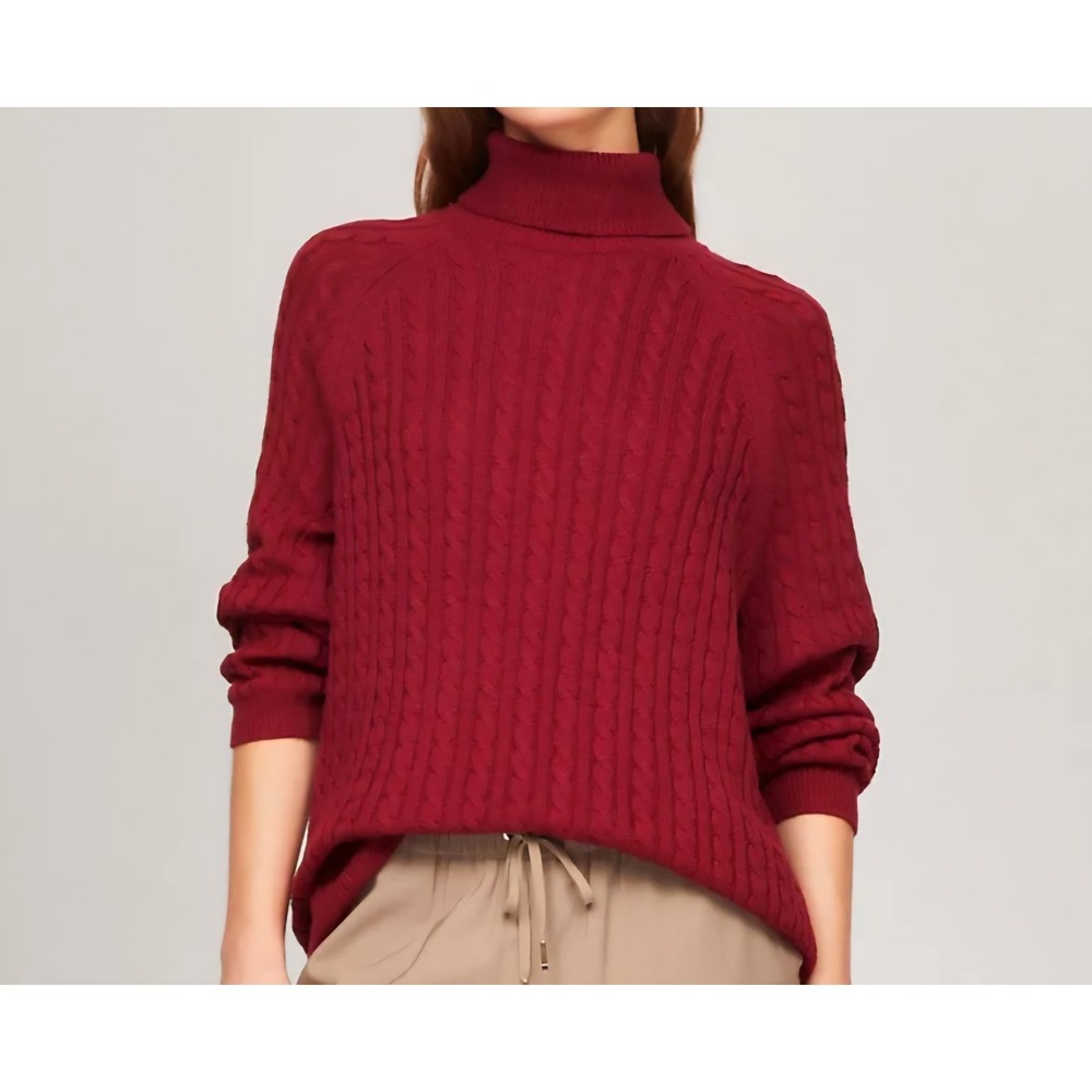 Tommy Hilfiger Women Oversized Cable Knit Turtleneck Sweater Wool Blend Warm Med